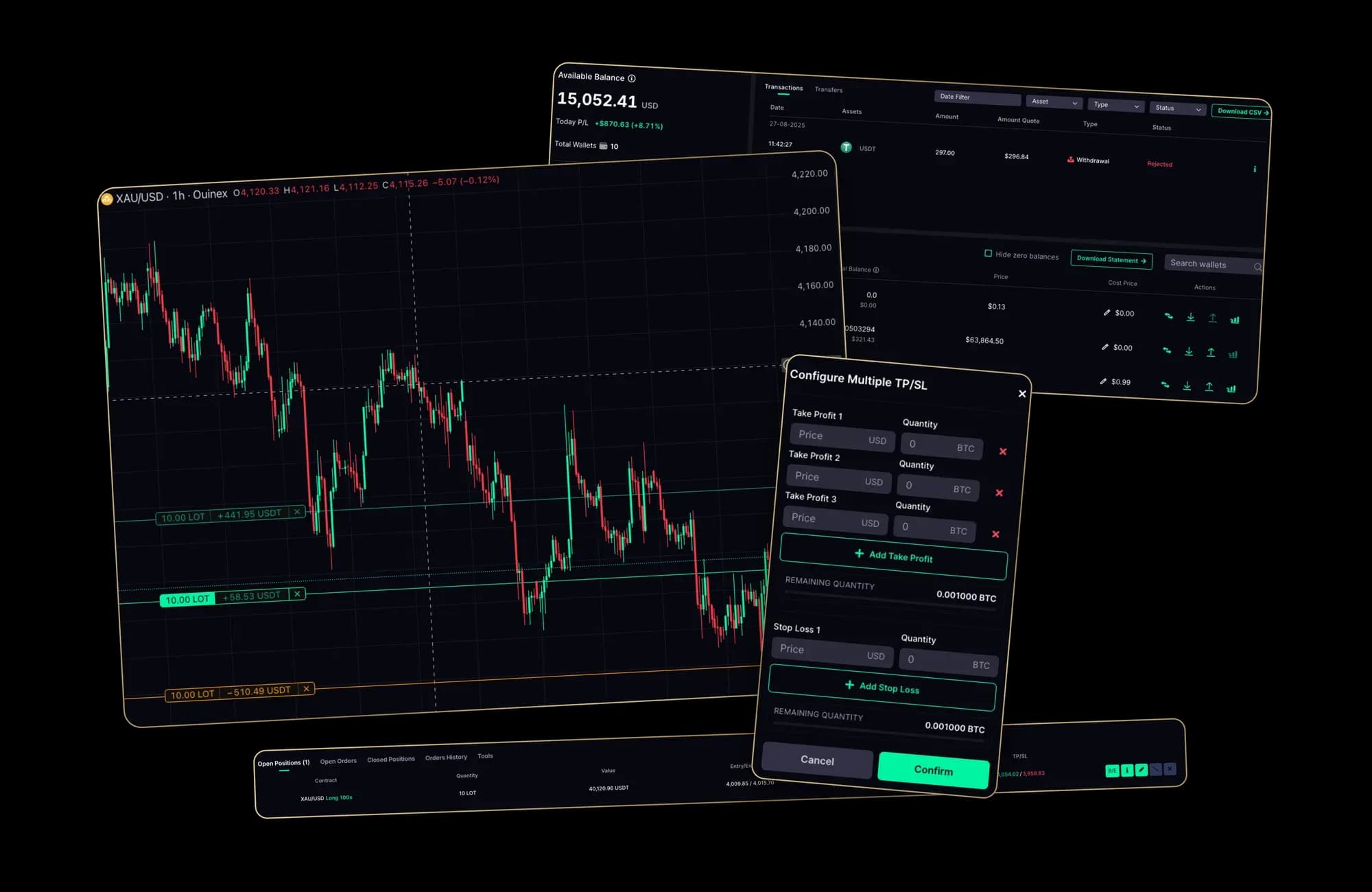 TenX Circle trading terminal — live chart with take-profit and stop-loss levels, wallet balances, transactions and multi TP/SL order panel